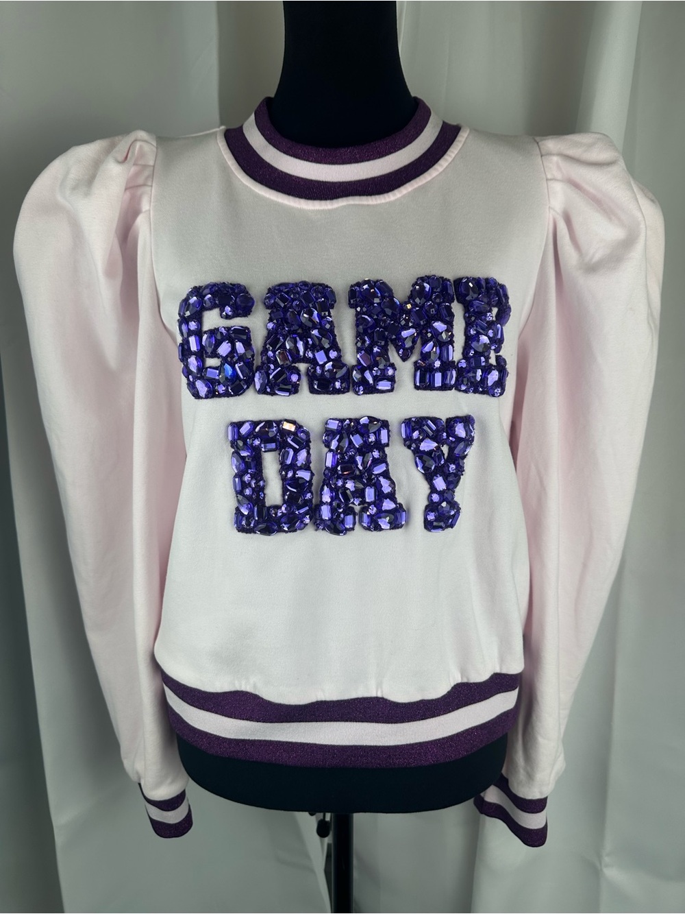 Queen of Sparkles Game Day Rhinestone Puff Sleeve Pink Purple Sweatshirt Medium